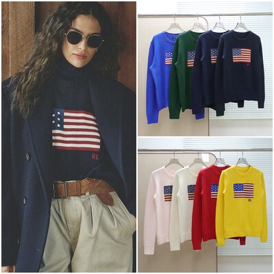 美式老钱风蓝标 女款 星条旗提花圆领长袖针织毛衣 E595