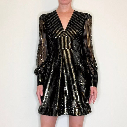 纽约设计师Ji11女款 重工亮片V领背拉链连衣裙 3127
