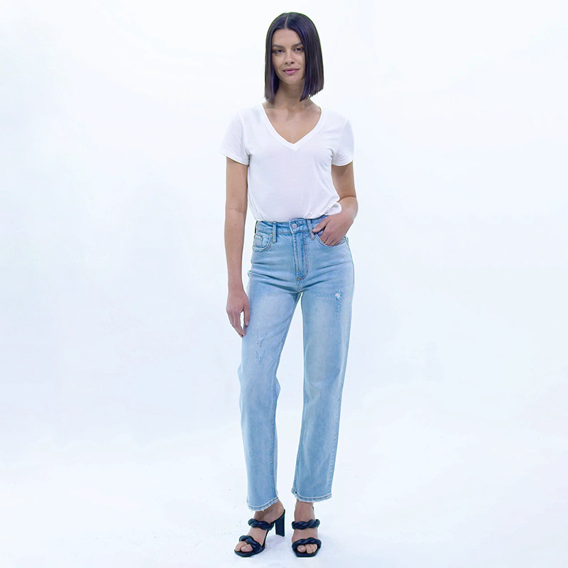 美式丹宁DJ 女款 浅蓝洗水磨破高腰直筒牛仔裤 F643