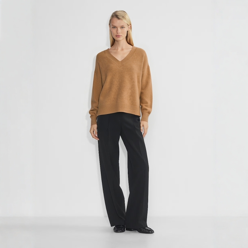 美系轻奢V 女款 棉质圈圈呢V领落肩袖下开衩针织毛衣 6353