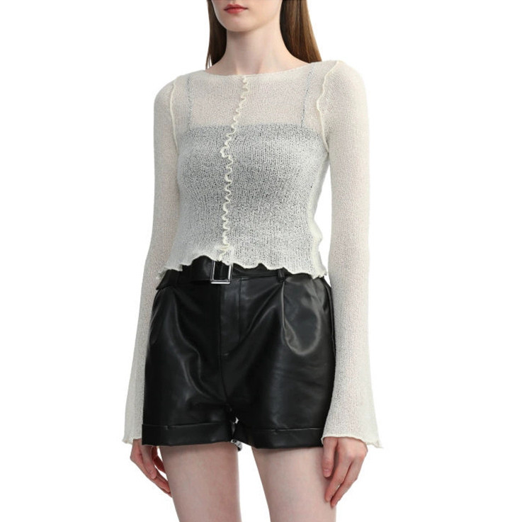 美系U0 女款 外骨缝波浪边半透长袖针织衫 2686