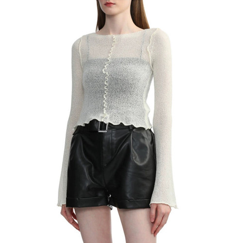 美系U0 女款 外骨缝波浪边半透长袖针织衫 2686