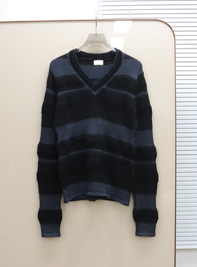 面料控入 出岛国 女款 羊毛混纺V领条纹长袖针织衫 E067