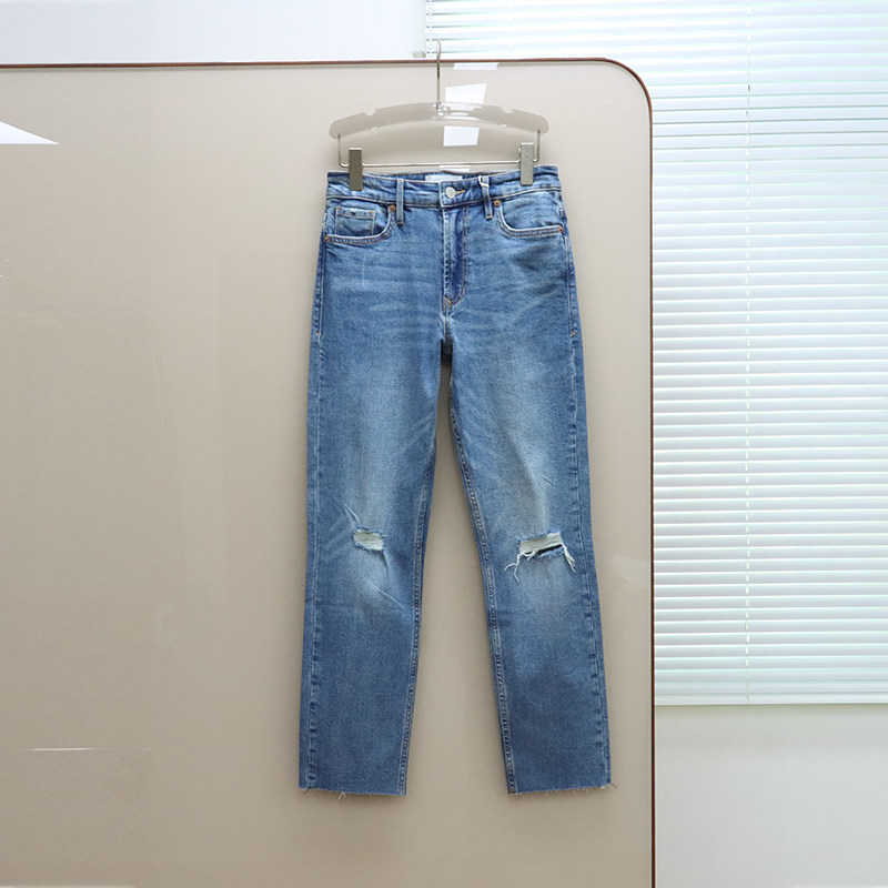 美式丹宁DJ 女款 蓝色洗水高腰磨破剪边直筒牛仔裤 F591