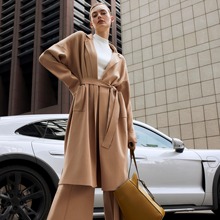 德国小众逗号C0M@ 女款 卡其落肩贴袋西装领腰带针织开衫外套9078