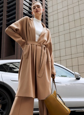 德国小众逗号C0M@ 女款 卡其落肩贴袋西装领腰带针织开衫外套9078