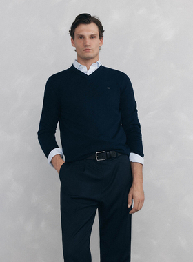 西班牙轻奢PDH 男款 桑蚕丝真丝羊绒混纺V领刺绣长袖针织衫 E746