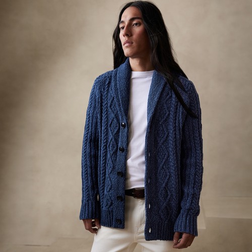 美系蕉国BR 男款 绞花青果领针织开衫毛衣 D710