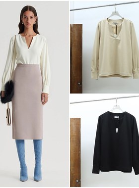 瑞典斯德哥尔摩MR羊毛天丝开口领弹力斜纹绉布廓形长袖上衣147A