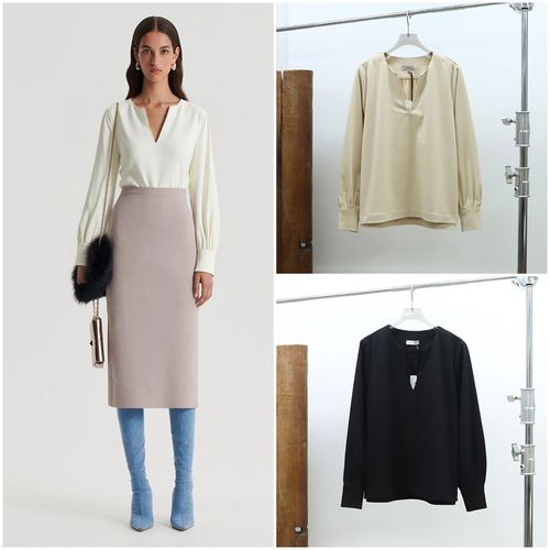 瑞典斯德哥尔摩MR羊毛天丝开口领弹力斜纹绉布廓形长袖上衣147A