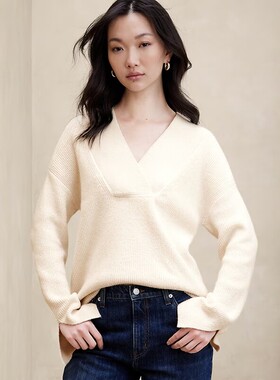 美系蕉国BR 女款 羊毛混纺V领落肩宽松针织衫 F536