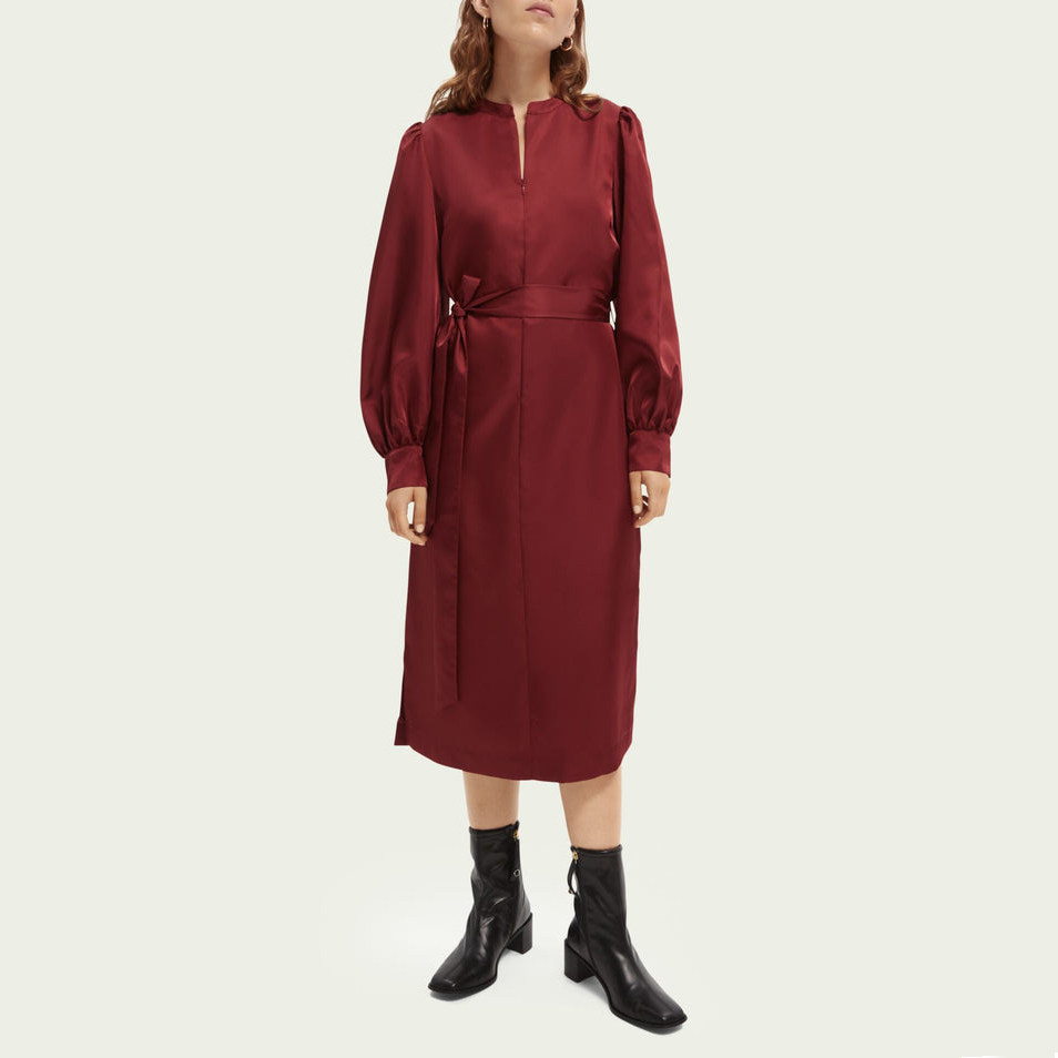 荷兰苏苏 女款   圆领缎面拉链泡泡袖连衣裙 缺腰带 w358