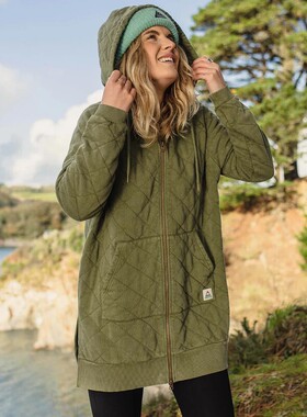 英伦户外山系PSG女款复古洗水再生绗缝拉链下开叉长款连帽外套379