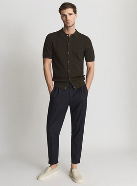 英伦简约RS 男款 翻领纹理按扣短袖针织开衫上衣 B338