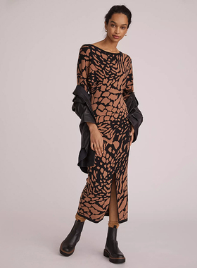 美系安@NTHR0 女款  圆领下开叉提花针织连衣裙 E557