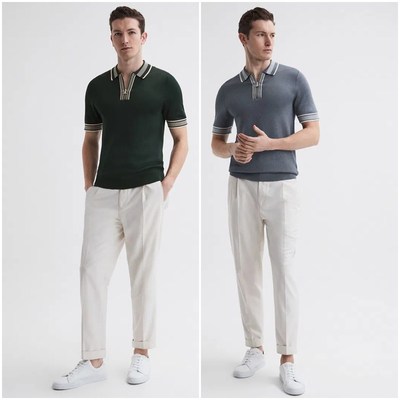 英伦简约RS 男款 T字半拉链翻领撞色饰边优雅曲珠短袖针织衫 C522