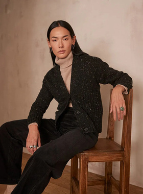 法系轻奢M123 女款 羊毛混纺V领落肩针织开衫 E832