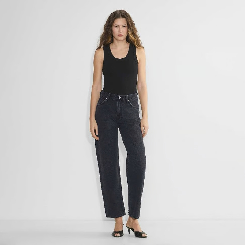 加拿大红牌DF 女款  黑色洗水90年代高腰宽松牛仔裤 D568