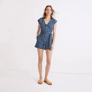 2558 蓝色洗水拉链V领牛仔连体衣 美系M 女款