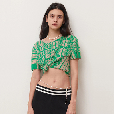 澳洲小众 格纹提花圆领短袖针织上衣 男女可穿 4428