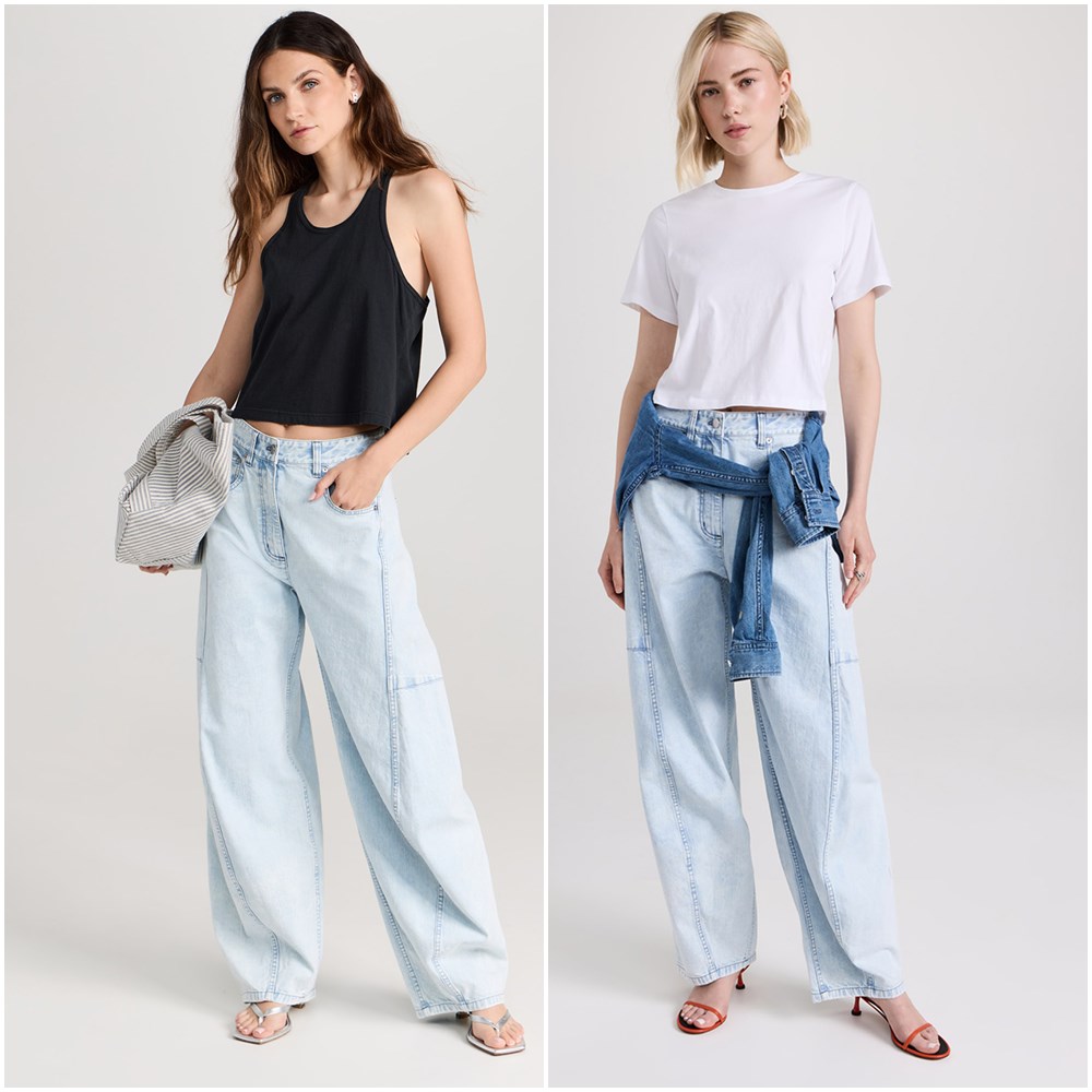 美系设计师T1B 漂白浅蓝宽腿廓形立体剪裁香蕉气球桶形牛仔裤001A