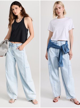 美系设计师T1B 漂白浅蓝宽腿廓形立体剪裁香蕉气球桶形牛仔裤001A
