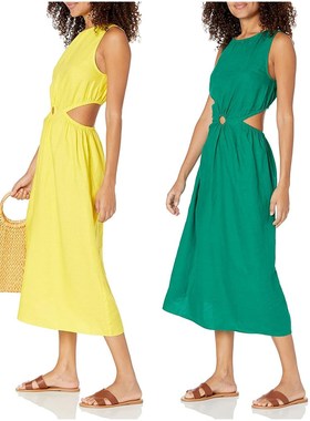 美系THE D 女款 清凉透气圆领镂空露背亚麻连衣裙 B598