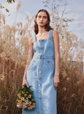 澳洲轻奢C0UNTRY 女款 蓝色洗水前排扣背带牛仔连衣裙 A295