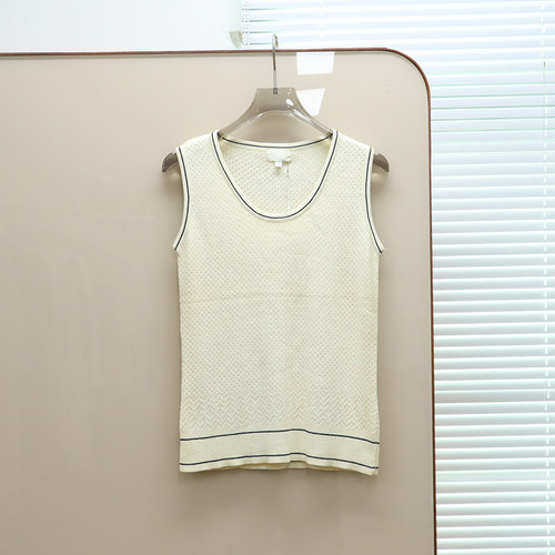 面料控入 出岛国 女款 SILK混纺圆领撞色镂空针织背心 C044