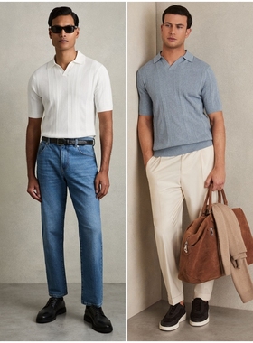 英伦简约RS 男款 海鸥领V翻领纹理短袖针织上衣 9577