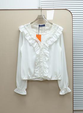 意大利奢品Tru撤柜  女款 V领荷叶边镂空长袖衬衫 C001