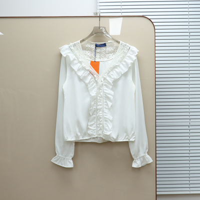 意大利奢品Tru撤柜  女款 V领荷叶边镂空长袖衬衫 C001