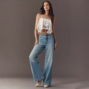 C910 浅蓝洗水高腰阔腿牛仔裤 加州轻奢丹宁P1ST0 女款