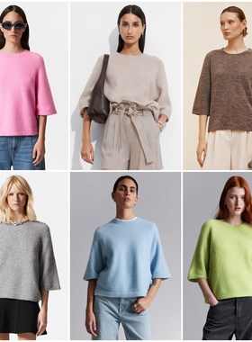 北欧风0S 女款 羊驼毛混纺圆领短袖针织上衣 0644