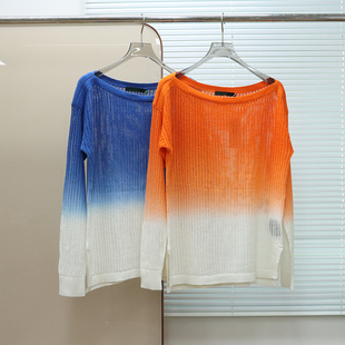 针织衫 美式 棉麻混纺船领渐变下开衩长袖 女款 C240 老钱风