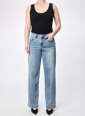 美式丹宁DJ 女款 蓝色洗水高腰直筒牛仔裤 D275