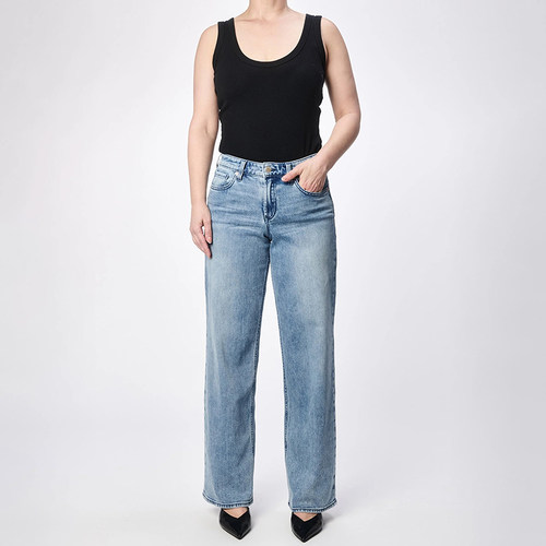 美式丹宁DJ 女款 蓝色洗水高腰直筒牛仔裤 D275