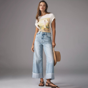 C953 蓝色洗水高腰阔腿卷边牛仔裤 加州轻奢丹宁P1ST0 女款