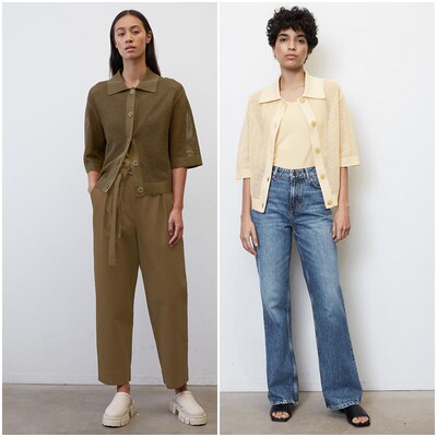 德系奢牌M0P 女款  棉麻混纺翻领镂空短袖针织开衫 4578