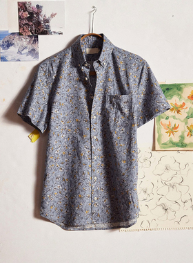 加州美式复古TS 男款 联名款棉麻混纺单口袋印花短袖衬衫 A707