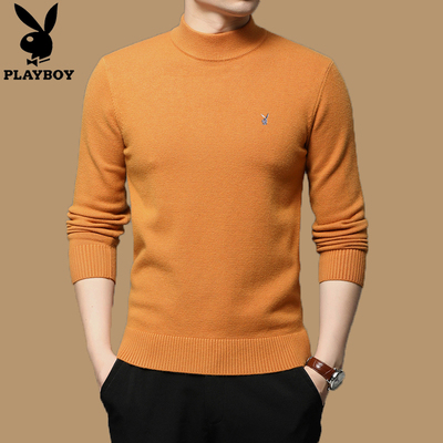 花花公子羊毛衫纯色半高领毛衣男