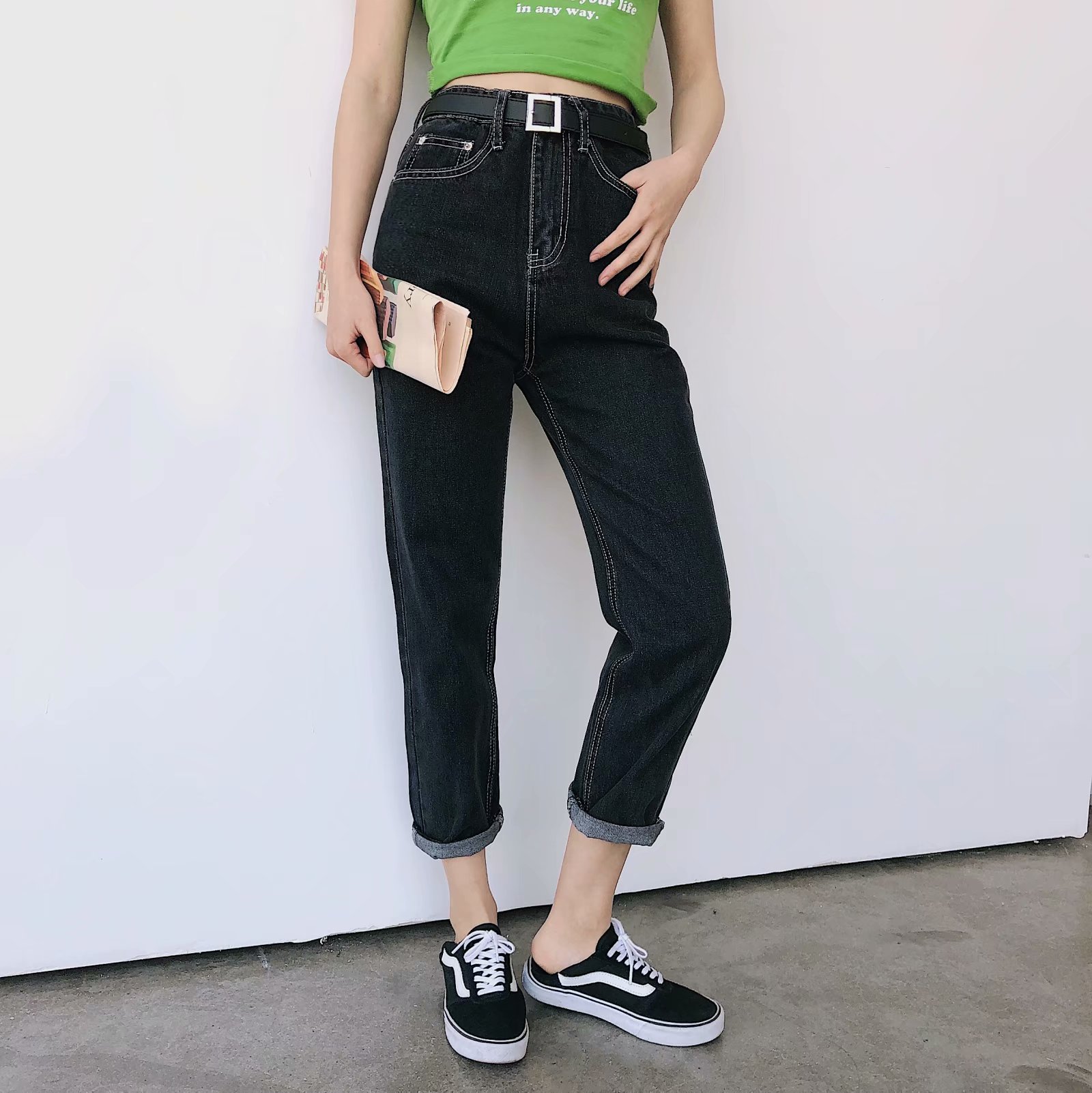 包邮 高腰明线显瘦牛仔直筒裤女九分裤春秋19新韩版chic显瘦百搭