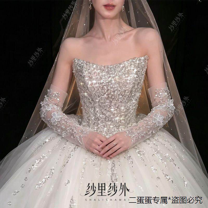 婚纱手袖重工花朵闪钻新