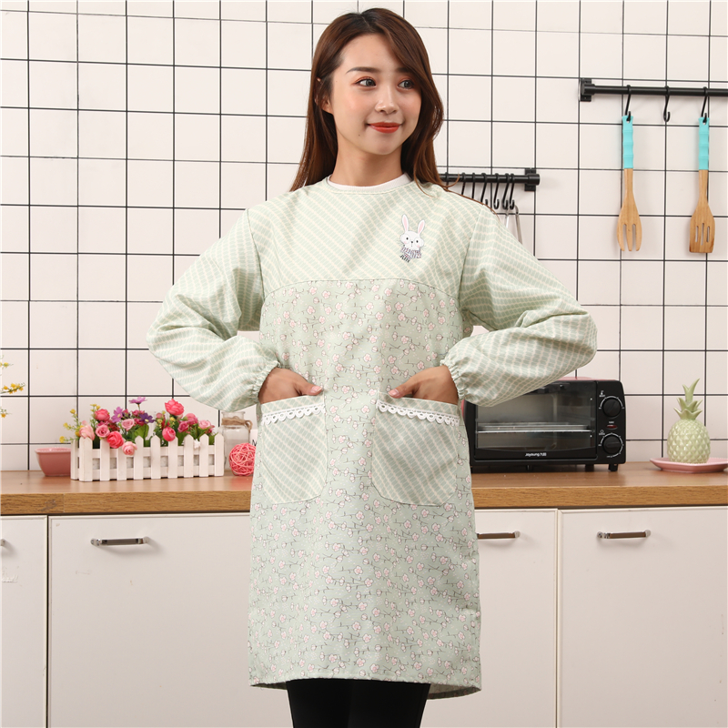 男女时尚纯棉长袖围裙 厨房家用做饭防水防油罩衣 大人护衣工作服