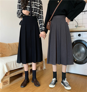 新款毛呢a字裙半身裙大码女秋冬高腰百褶裙中长裙包臀裙遮肚长裙