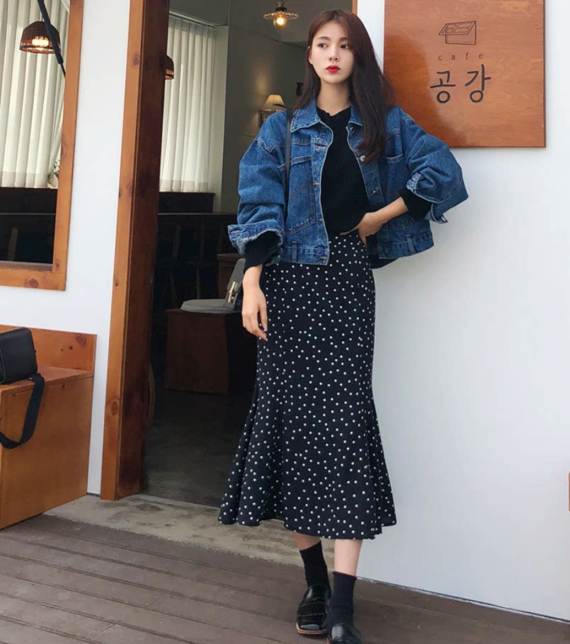 2018新款大码女春秋波点半身裙中长款高腰a字裙胖mm鱼尾雪纺裙子