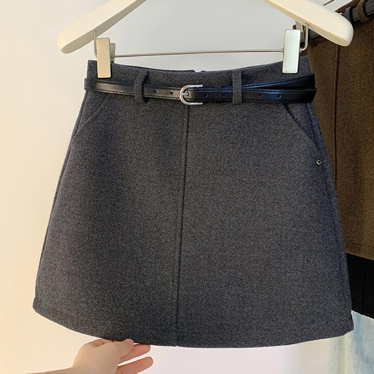 灰色a字毛呢半身裙大码秋冬短裙防走光包臀裙咖色高腰百搭口袋裙