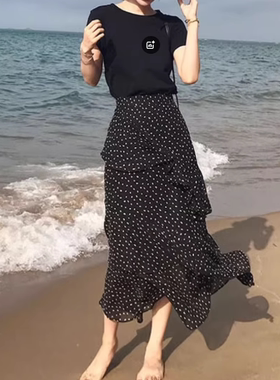 不规则碎花半身裙女夏季大码高腰黑色薄款雪纺a字裙气质波点长裙