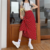 波点半身裙大码 女夏新款 黑色中长裙胖MM雪纺a字裙高腰遮胯长裙子