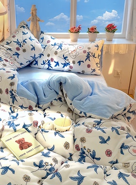 蓝色小花小清新印花加绒保暖双面AB床品四件套被套床笠加厚防滑3
